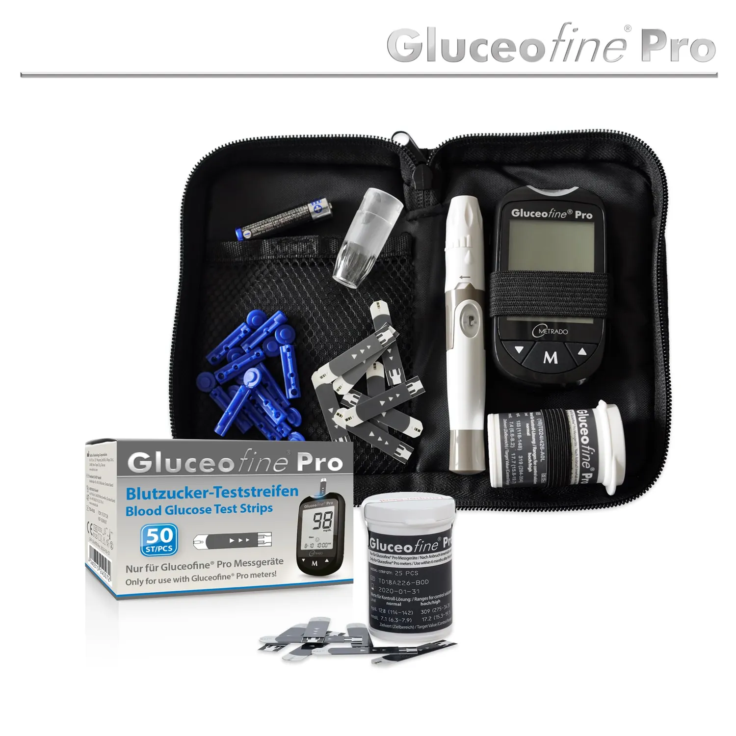 Metrado Gluceofine Pro Blutzuckermessgerät Starter-Set Bluetooth