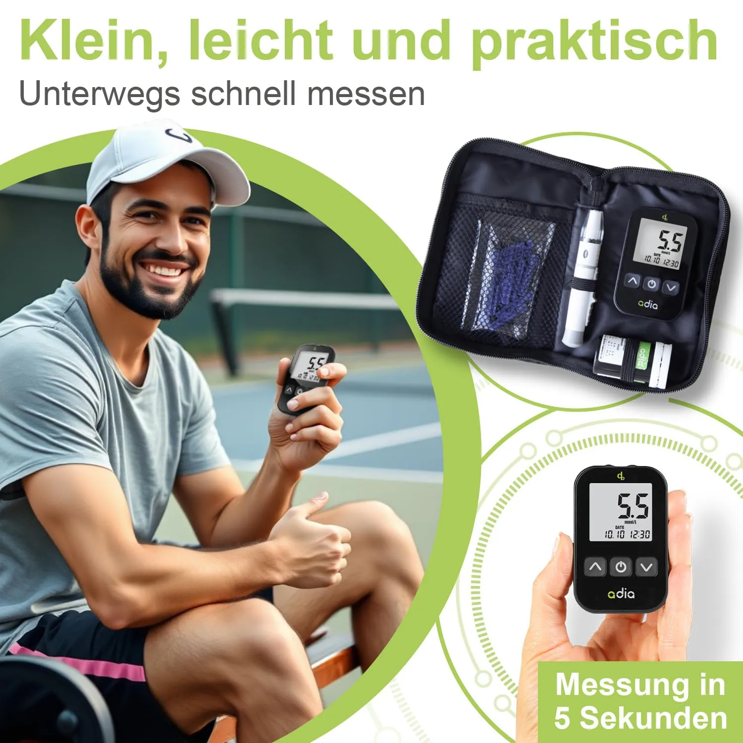 adia Blutzuckermessgerät mmol/L Teststreifen Set für Einsteiger