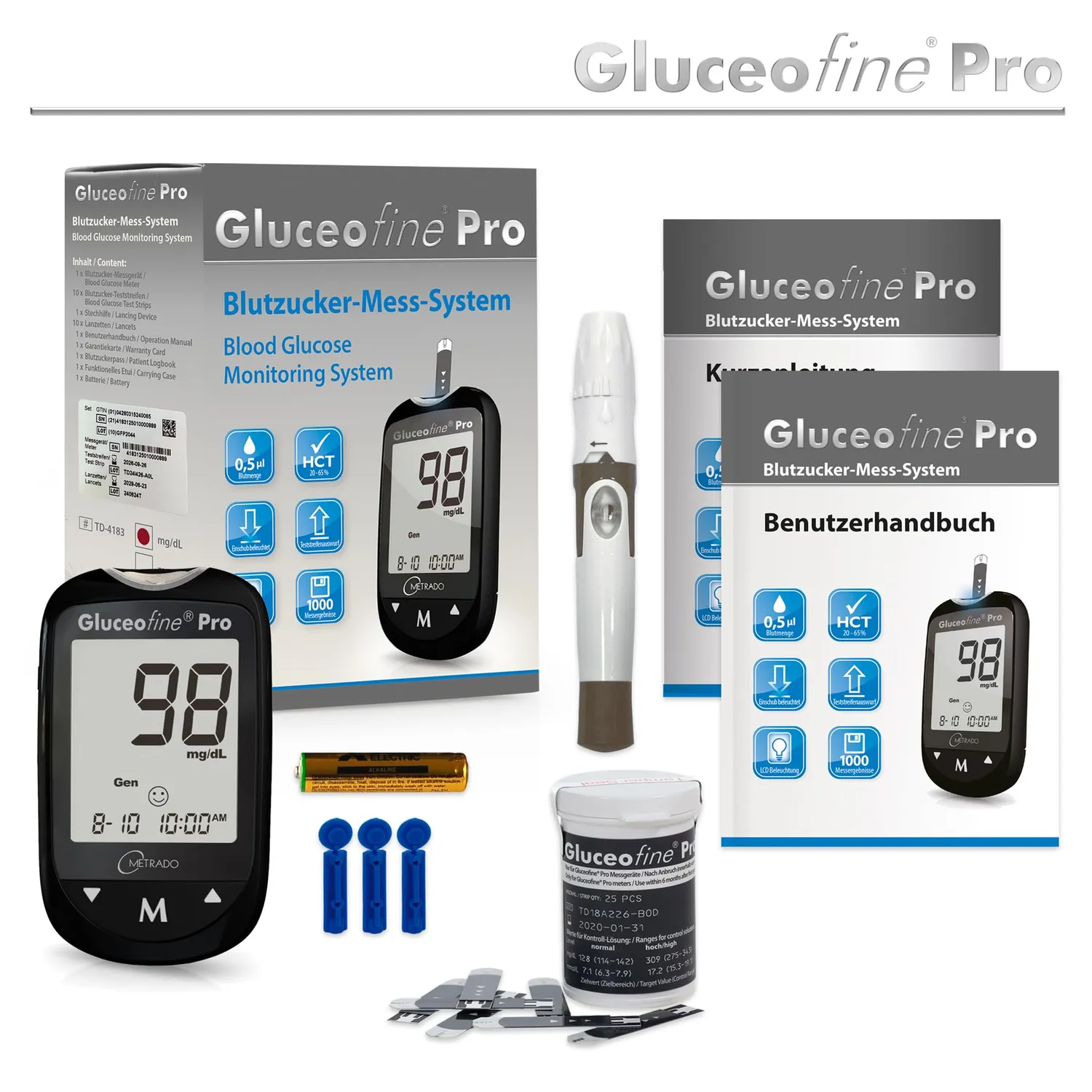 Metrado Gluceofine Pro Blutzuckermessgerät Starter-Set Bluetooth