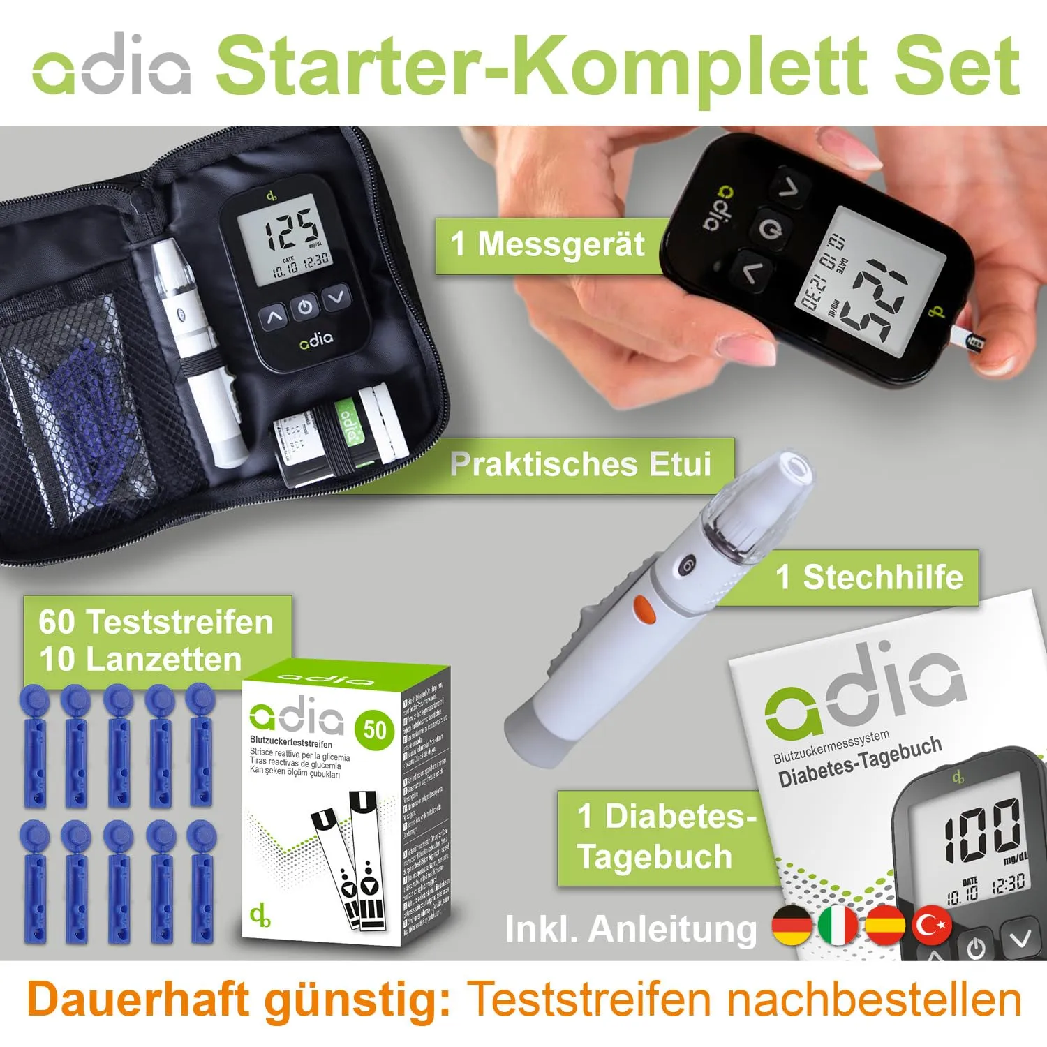 adia Blutzuckermessgerät mg/dL Set