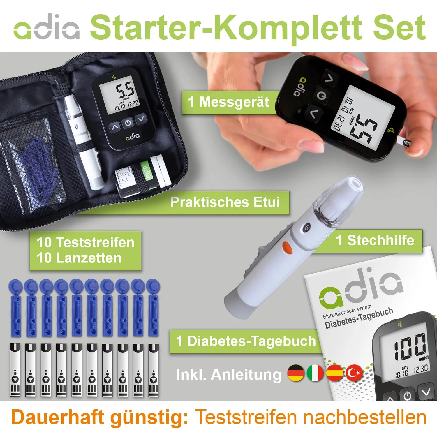 adia Blutzuckermessgerät mmol/L Teststreifen Set für Einsteiger