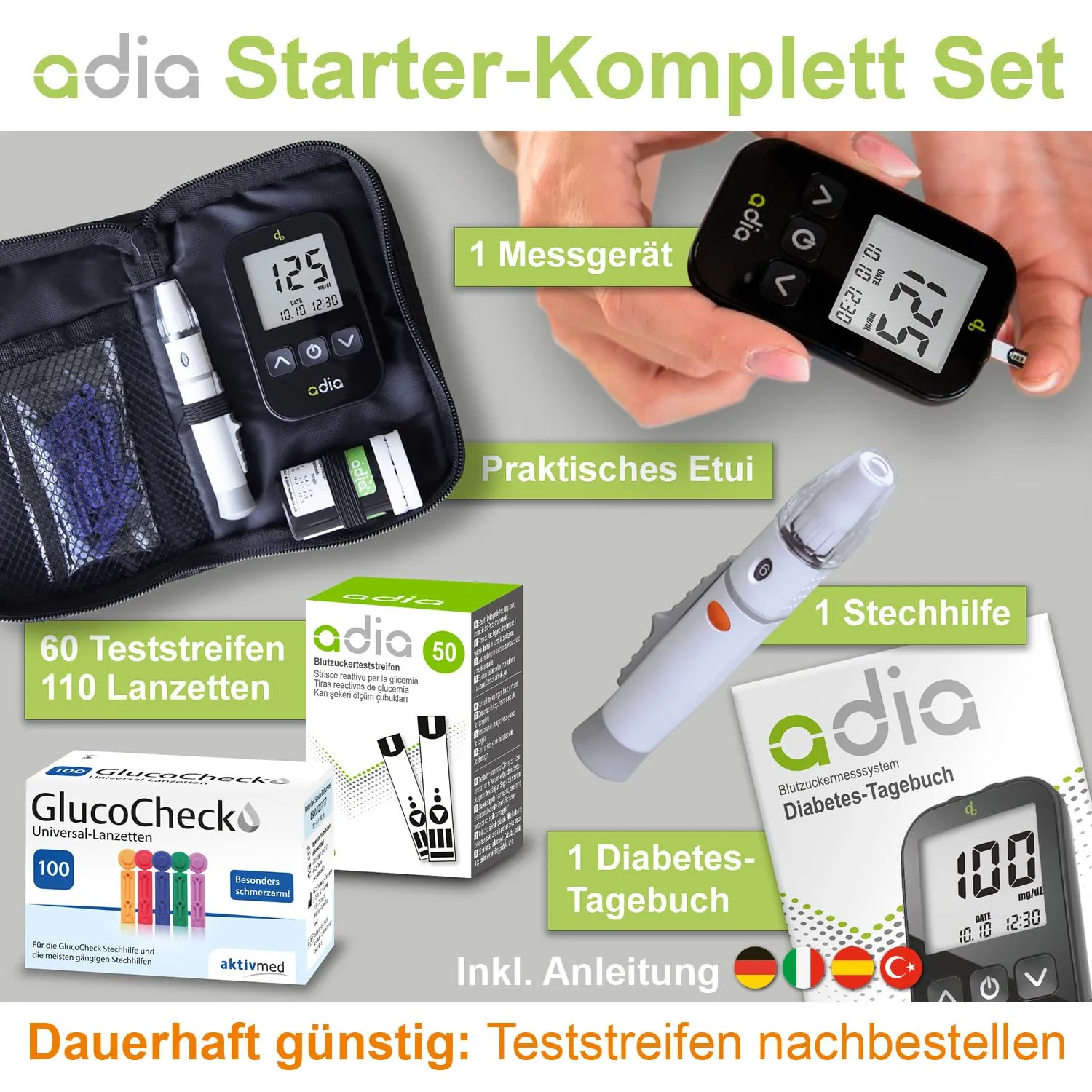 adia Blutzuckermessgerät Komplett-Set 60 Streifen