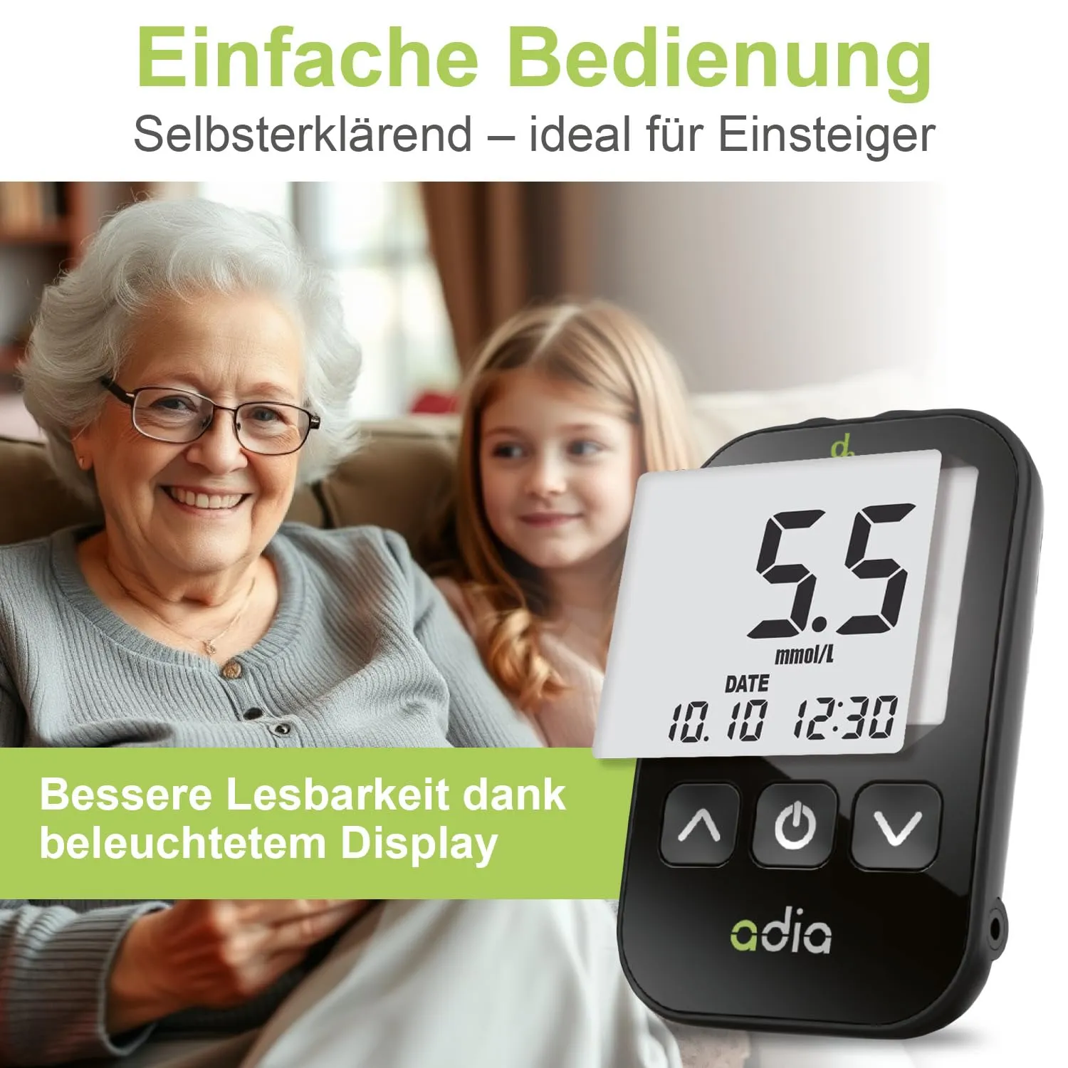 adia Blutzuckermessgerät mmol/L Teststreifen Set für Einsteiger