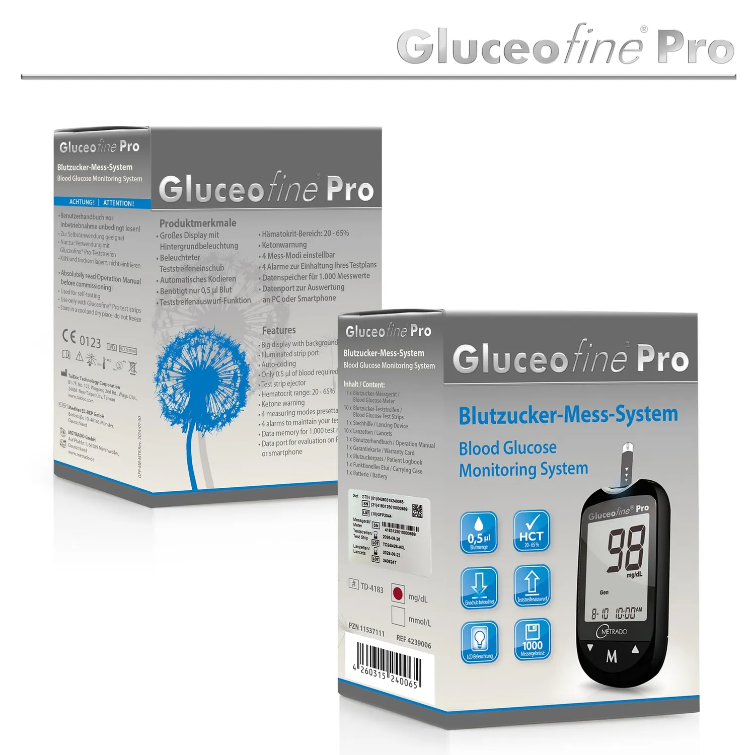 Metrado Gluceofine Pro Blutzuckermessgerät Starter-Set Bluetooth